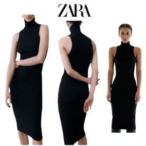 NWT Zara Ribbed Sleeveless Turtleneck Midi Dress in Black Size S